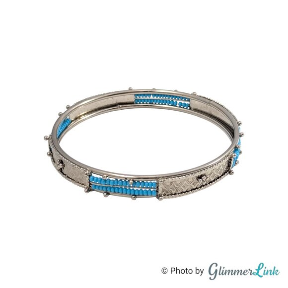 Southwestern Style Silver Tone Bangle Bracelet with Teal Seed Beads - Picture 2 of 9
